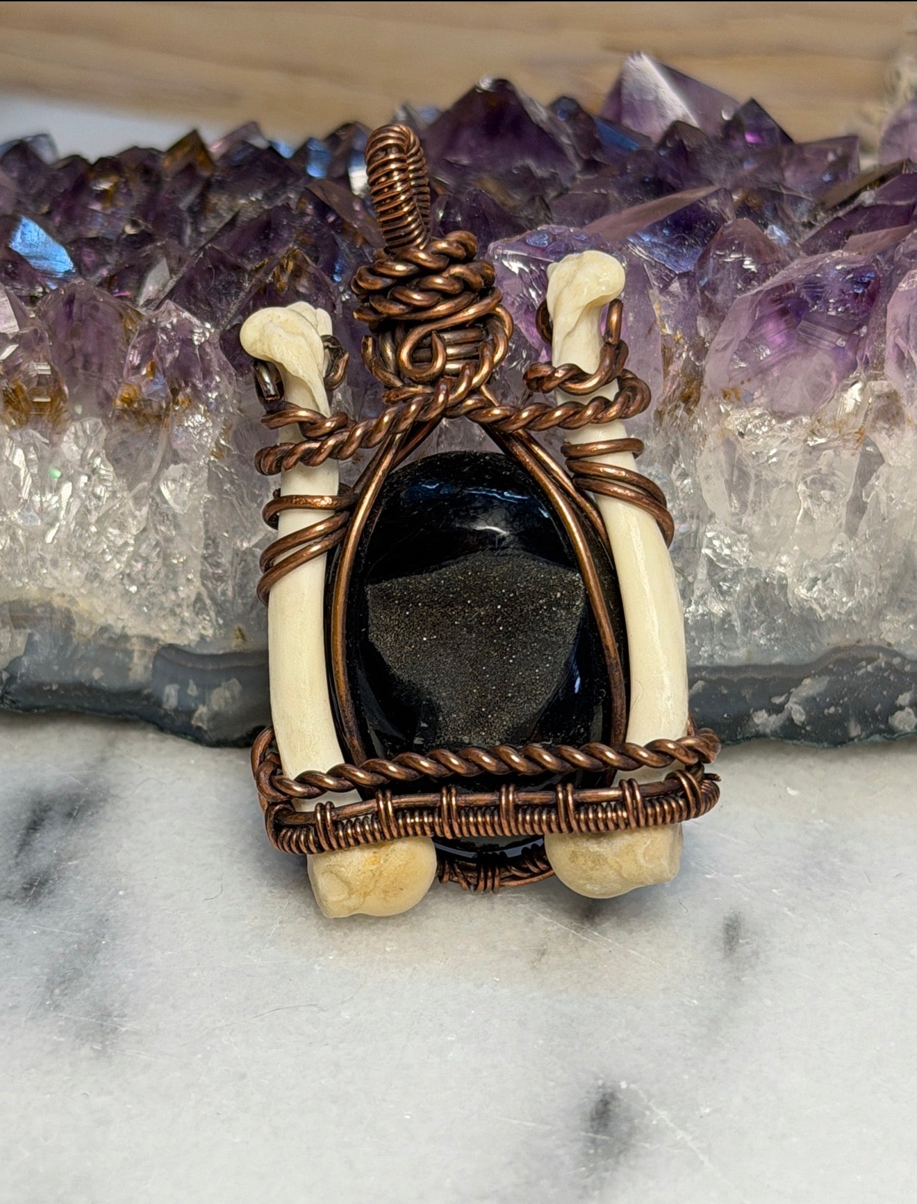 Black Druzy Geode with Bone Accents